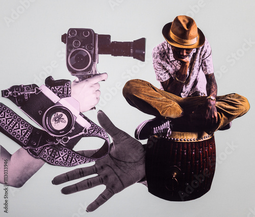 Collage, man being filmed with vintage camera photo