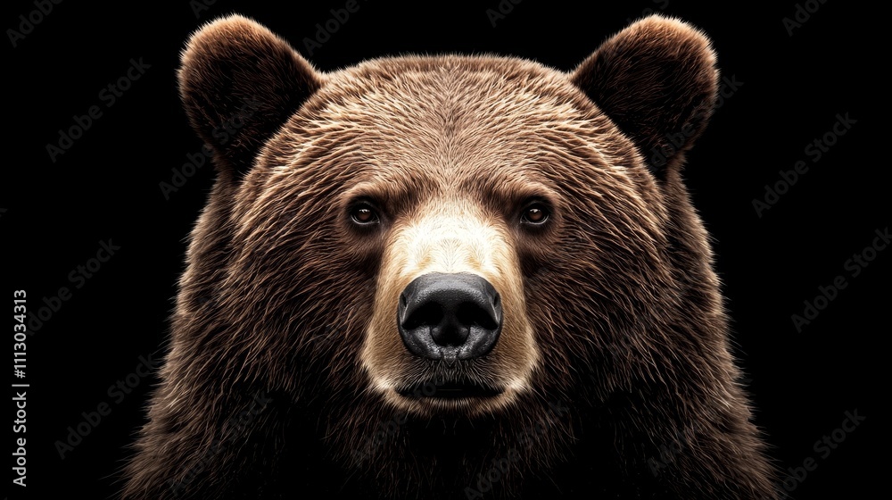 Obraz premium Close-up of a Kamchatka brown bear, black-and-white, fierce eyes, strong presence, isolated on a black background, perfect for predator series imagery
