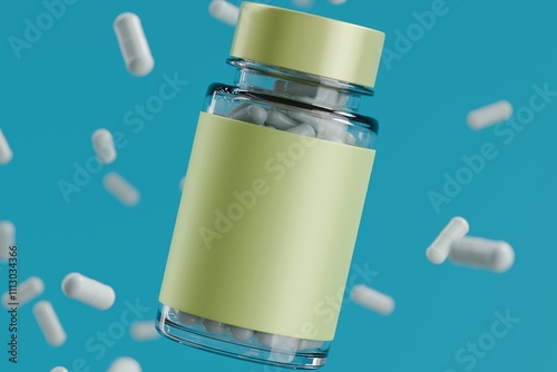 Floating Supplement Bottle with Capsules Against a Blue Background