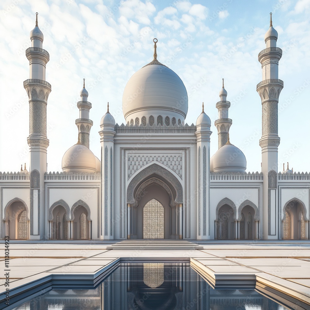 Obraz premium Grand white mosque exterior design. Islamic architecture with detailed arabesque patterns. Modern mosque with calm, serene atmosphere. Beautiful courtyard features reflecting pool. Architectural