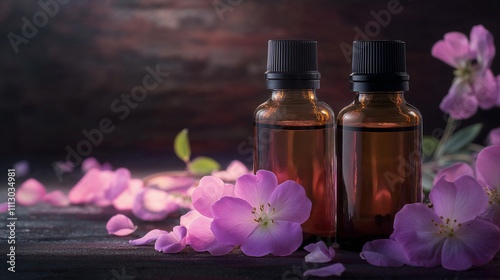 Two bottles of aromatherapy essential oil with pink rose flowers