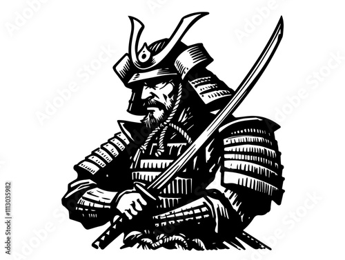 samurai warrior with sword in traditional ink sketch black vector