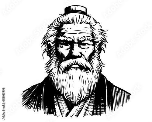 samurai portrait illustration in engraving style – black vector