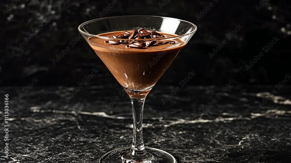 Elegant chocolate martini garnished with coffee beans on a marble bar top in a dimly lit setting