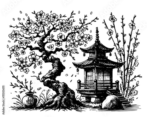 classic engraving of a peaceful Japanese garden with detailed textures