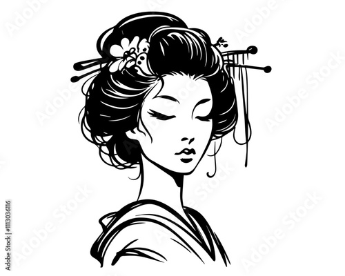elegant geisha portrait in traditional japanese style black vector illustration