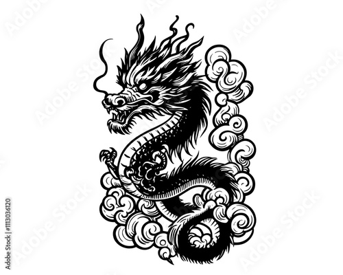monochrome illustration of a chinese dragon in the sky