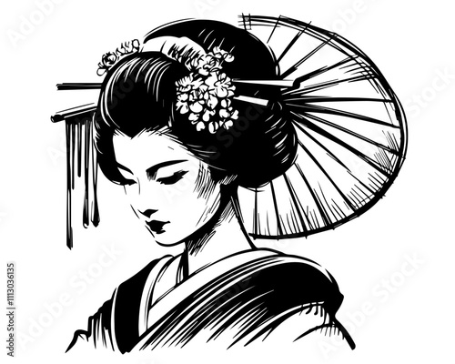 elegant geisha portrait in traditional japanese style black vector illustration