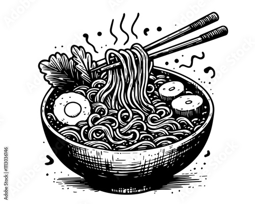 traditional asian noodle bowl in monochrome black vector art
