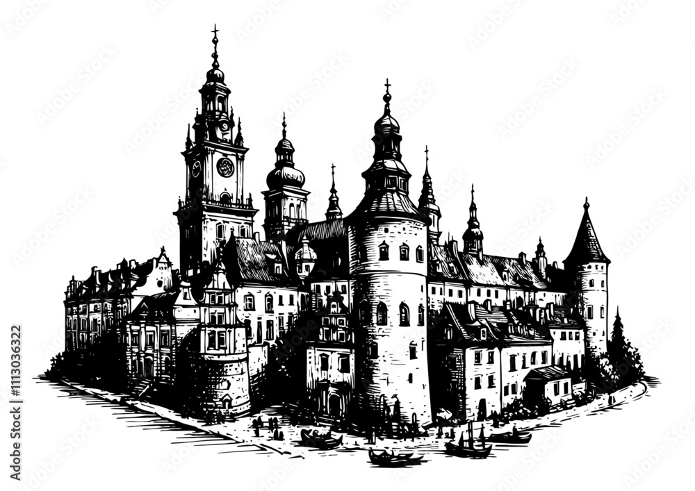 Obraz premium european heritage city with historic buildings black vector design
