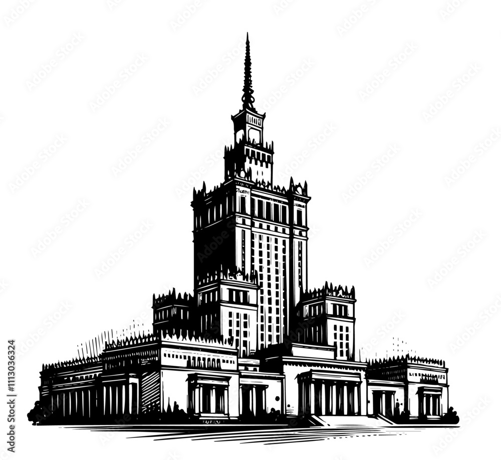 Fototapeta premium palace of culture and science in hand-drawn black vector illustration