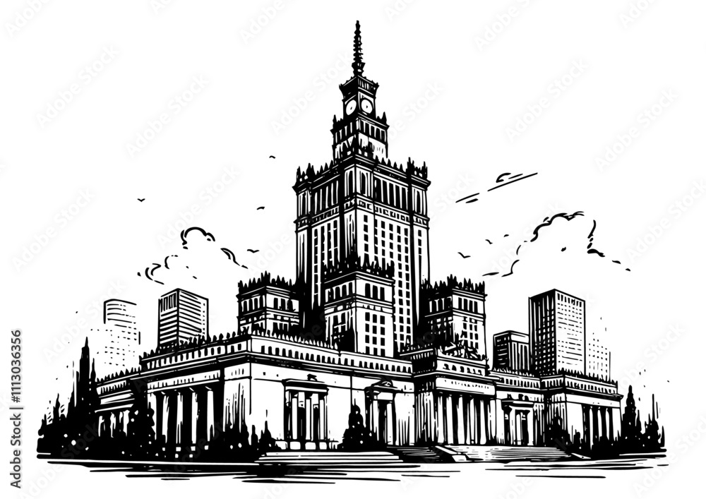 Fototapeta premium hand-drawn palace of culture with surrounding skyscrapers black vector design
