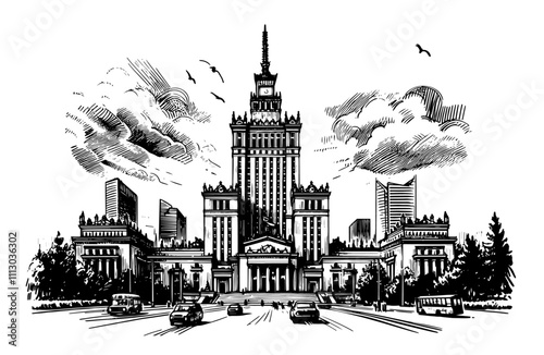 palace of culture and science in hand-drawn black vector illustration