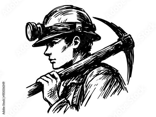 miner with helmet and headlamp in hand-drawn black vector illustration