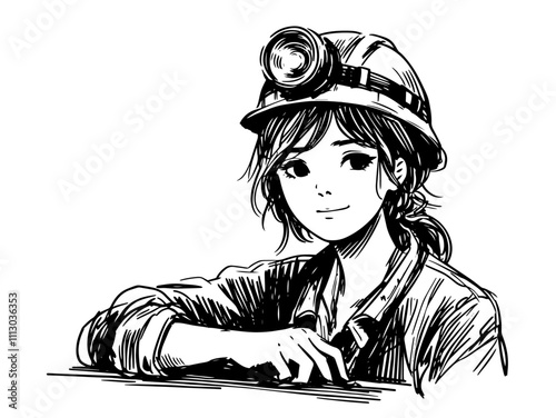 miner with helmet and headlamp in hand-drawn black vector illustration