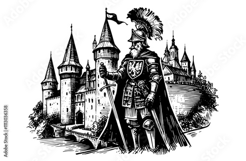 medieval knight and castle illustration in black and white linocut style