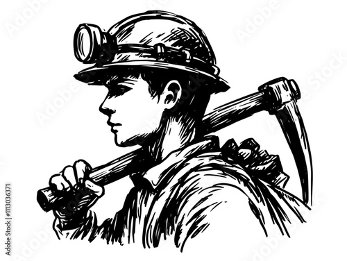 miner with helmet and headlamp in hand-drawn black vector illustration