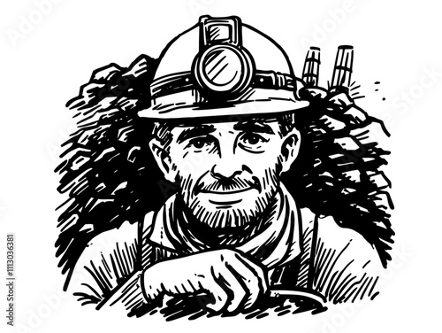 miner with helmet and headlamp in hand-drawn black vector illustration