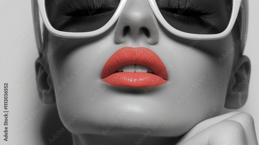 Fashion model showing red lips and wearing white sunglasses Fashion model showing red lips and wearing white sunglasses
