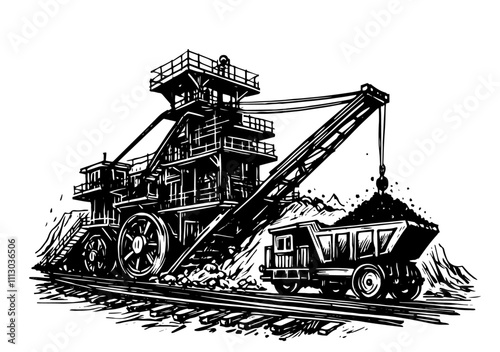 industrial mining machinery with conveyor and dump truck black vector art
