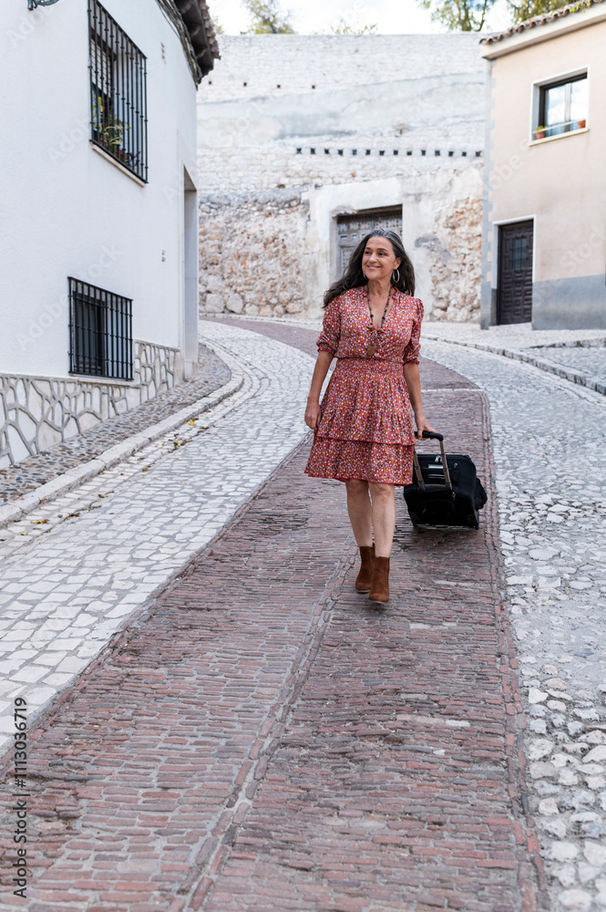 Mature traveler carries a suitcase Mature traveler carries a suitcase