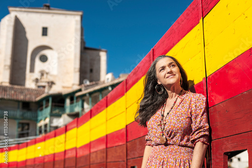 Female traveler in a bullring decorated with the Spanish flag photo