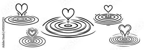 Dropping heart into water ripple design – love-themed black vector