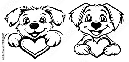 cute puppy holding a heart in hand-drawn black vector illustration