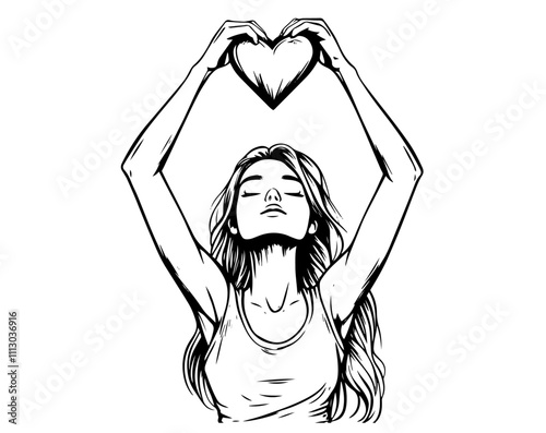 cute and minimalist illustration of happy girl with heart, black and white