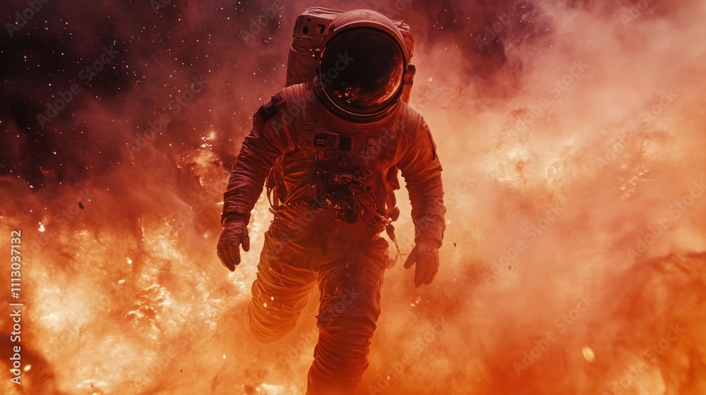 Fototapeta premium An astronaut walks through flames, symbolizing danger and exploration in space.