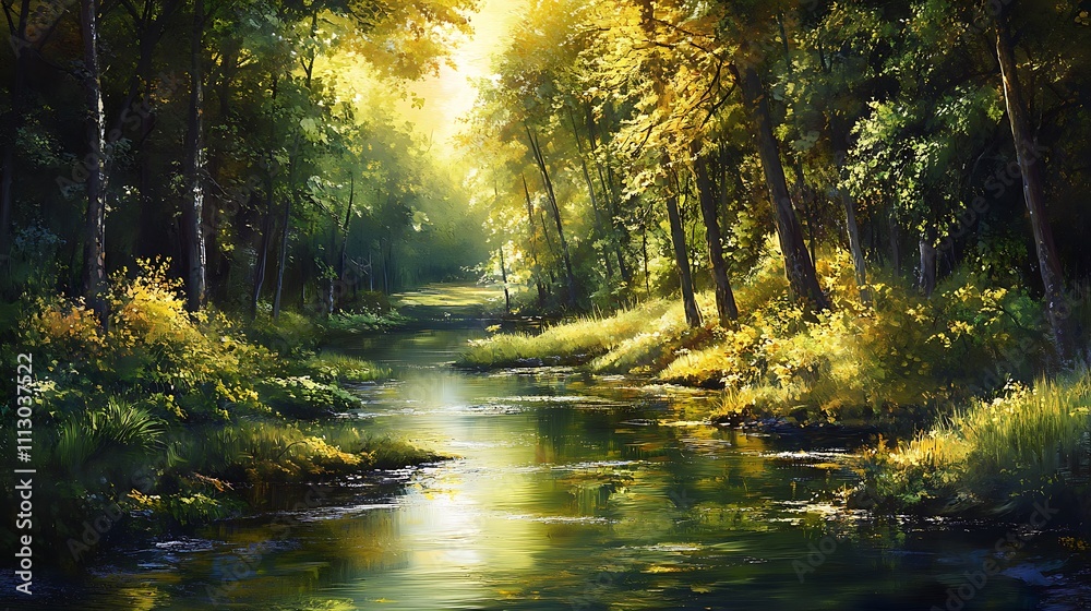 Fototapeta premium Sunlit Forest Stream A Serene Woodland Scene