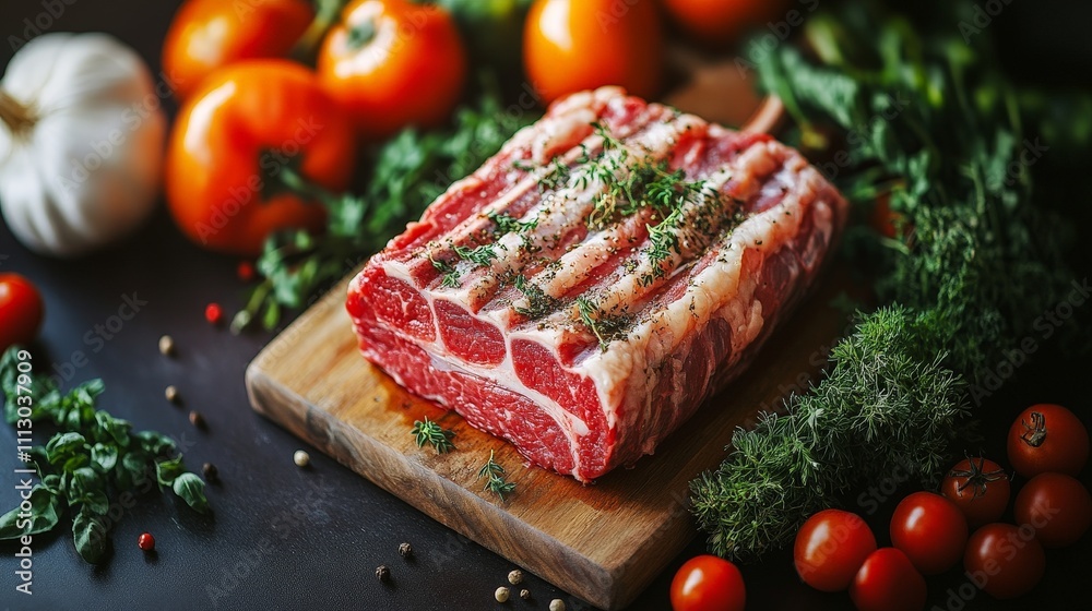 A raw meat cut garnished with herbs, surrounded by fresh vegetables and spices. A raw meat cut garnished with herbs, surrounded by fresh vegetables and spices.