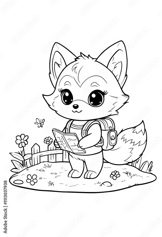 Obraz premium Cartoon Fox Coloring Page Illustration