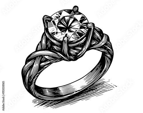 detailed engagement ring with gemstones in monochrome black vector art