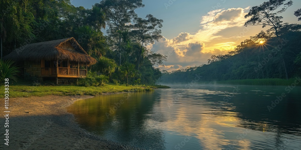 Fototapeta premium Sunrise over Amazon river. Beautiful river scene. Rich green jungle, simple hut visible on riverbank. Calm water reflects sunrise colors. Tranquil natural eco scene. Vacation destination. Eco