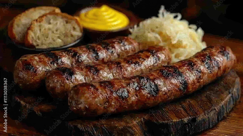 Grilled sausages served on wooden board with sauerkraut, mustard and bread Grilled sausages served on wooden board with sauerkraut, mustard and bread