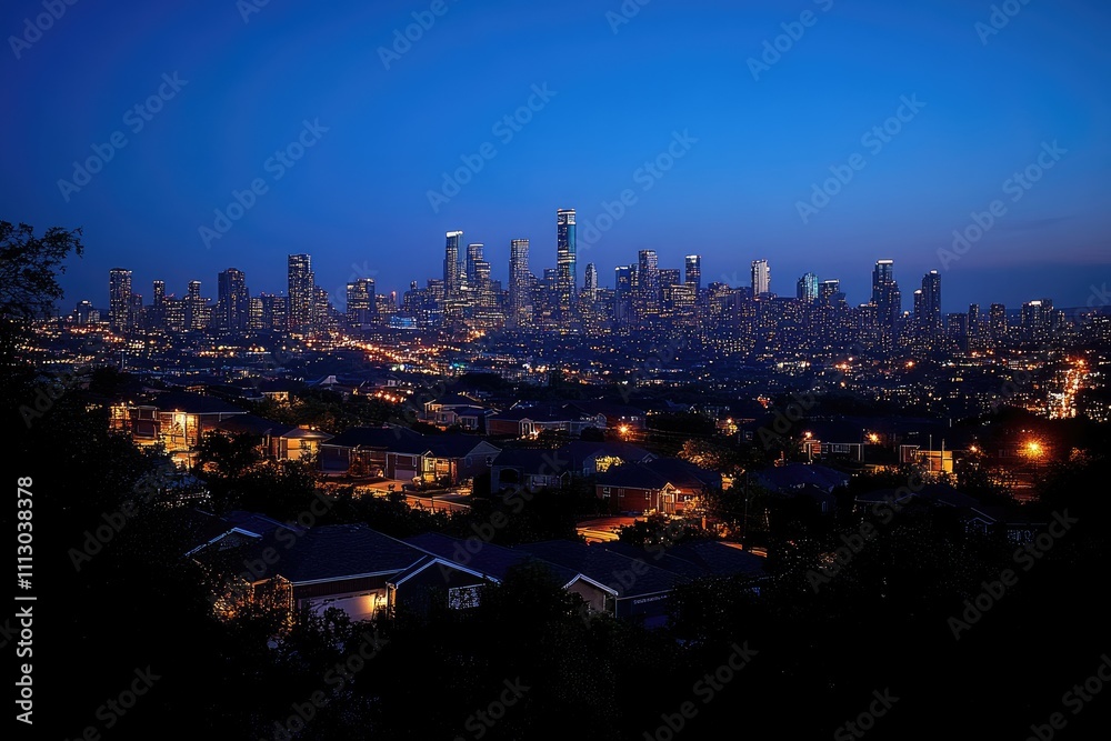 Fototapeta premium Toronto skyline emerging from residential houses at twilight