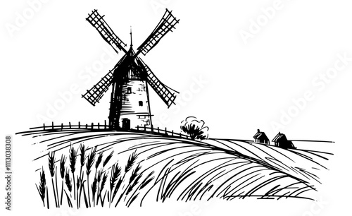 artistic line drawing of a traditional windmill surrounded by fields and grass