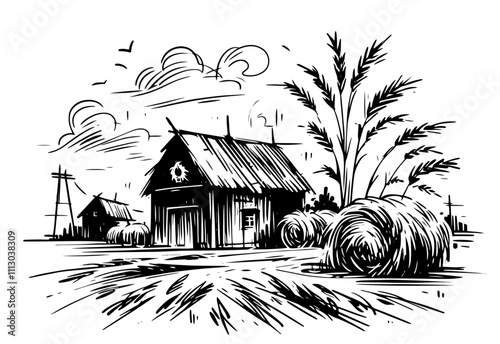 black and white engraving of a countryside barn and farm landscape