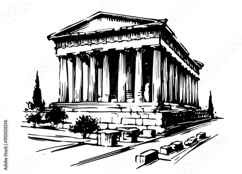 ancient greek temple illustration in bold black and white style