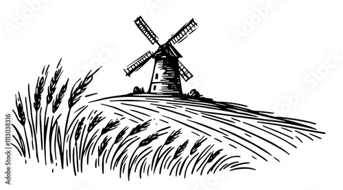 monochrome sketch of a windmill with wheat field and distant farmhouses