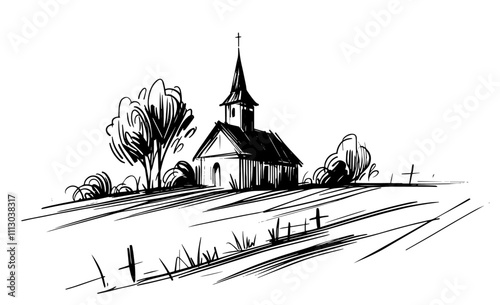 artistic depiction of a small church in a pastoral landscape, ink drawing