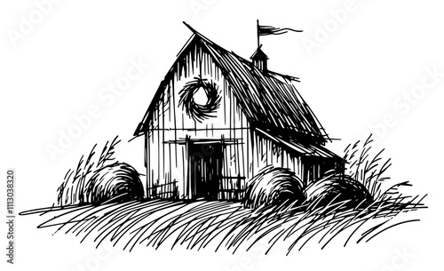 black and white engraving of a countryside barn and farm landscape