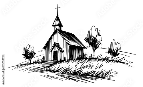 artistic depiction of a small church in a pastoral landscape, ink drawing