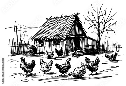 black and white illustration of chickens near a farmhouse