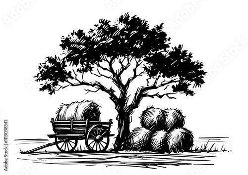 artistic line drawing of a rustic tree with a vintage cart and stacked hay