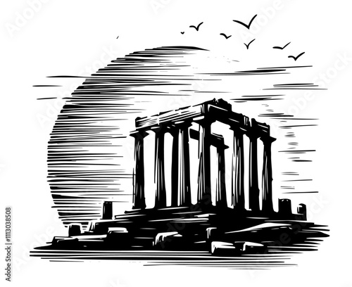 ancient greek temple ruins in hand-drawn black vector illustration