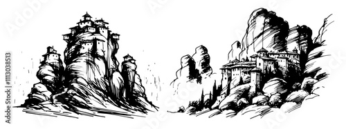 ancient mountain temple in rugged landscape illustration