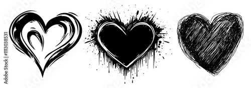 grunge heart designs in hand-drawn ink style black vector illustration