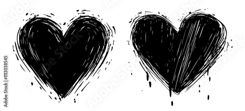 grunge heart designs in hand-drawn ink style black vector illustration